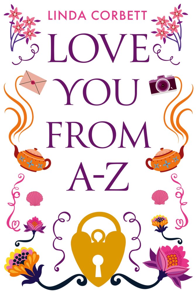 Book cover for Love you from A to Z by Linda Corbett. White background with illustrated purple flowers, envelope and camera and gold heart shaped lock. 